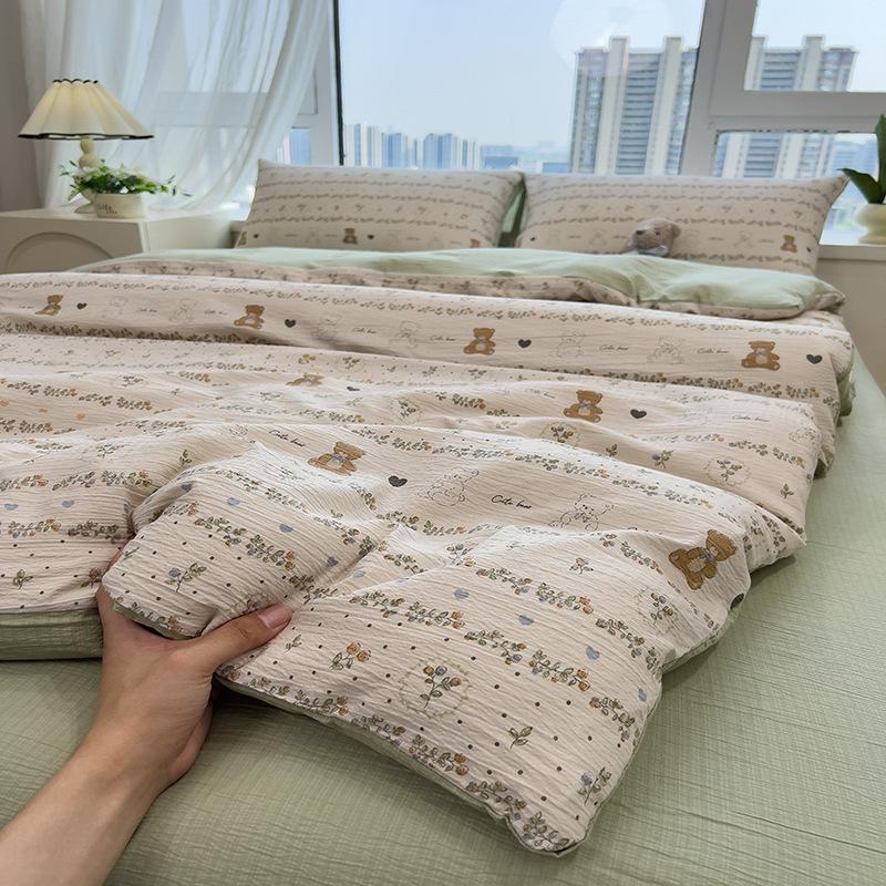 Tištěná čtyřdílná sada na postel, Měkká a zesílená, šetrná k pokožce, Praná povlečení na přikrývku, Sada prostěradel