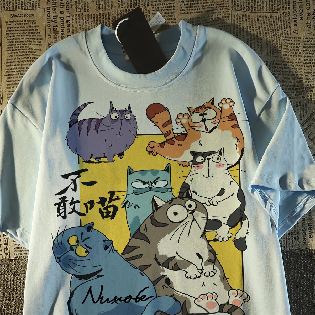 Футболка из чистого хлопка Летняя забавная футболка с принтом мультяшного кота Женская одежда Harajuku повседневная футболка большого размера черная белая Y2k Топы УНИСЕКС уличная одежда M