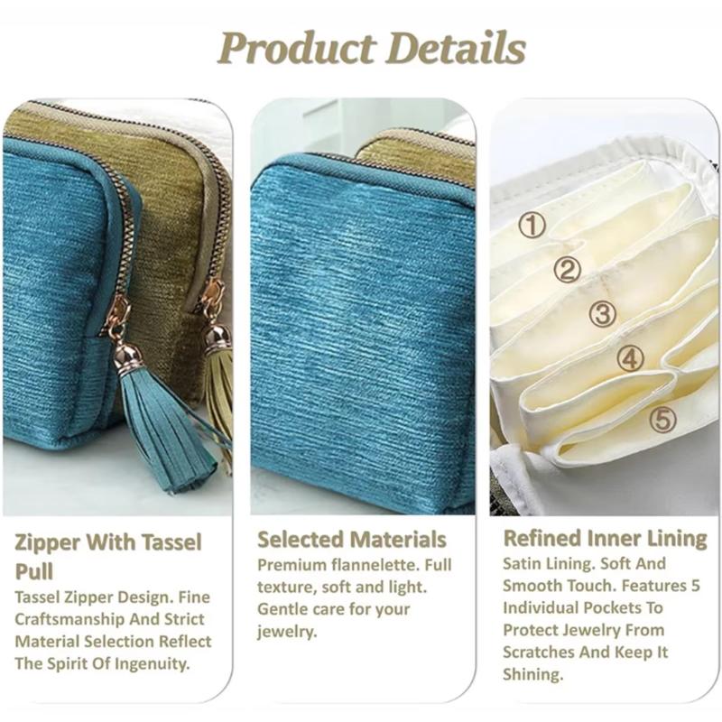 Portable Travel Jewelry Organizer Pouch, Zipper Jewelry Storage Bag With Tassel, Divided Soft Lining Case For Rings Bracelets