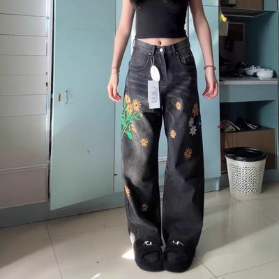 Design Sense Floral Bestickte Gerade Jeans für Damen Frühling Neu Hochtailliert Locker Weitbeinig Bodenlang