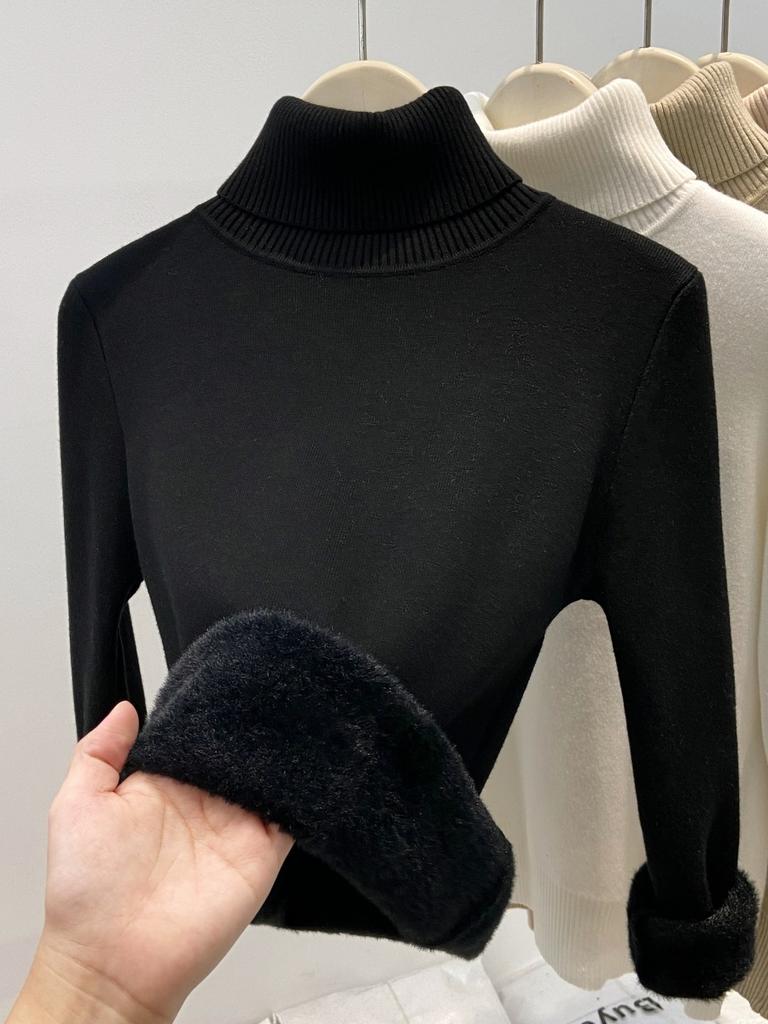 Autumn and winter new semi-turtleneck fleece sweater bottoming shirt women's integrated fleece thickened, warm and slim, knitted inside
