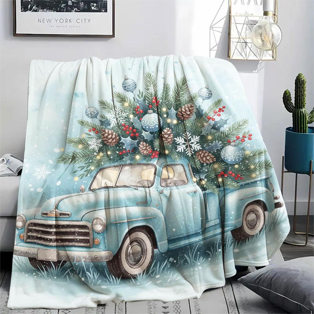 1Pc Seasons truck Print Flannel Blanket, High quality Comfortable for All Seasons, Home Decor, Warmth and Comfort, Perfect for Christmas Gifts