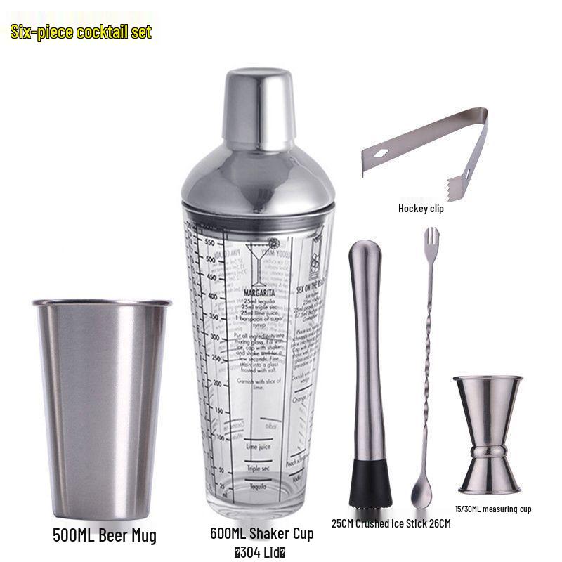 Glass Cocktail Shaker Set: Hand-Shaking Cup, Muddler, and 304 Stainless Steel Measuring Tools