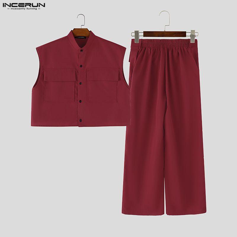 INCERUN Two Pieces Men Outfits Sleeveless Cropped Waistcoat Tops Long Pants Casual Sets