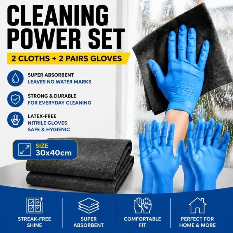 Household Cleaning Kit, 2 Streak-Free 30*40cm Microfiber Cloths + 2 Pairs Nitrile Protective Gloves for Glass & Mirror Cleaning
