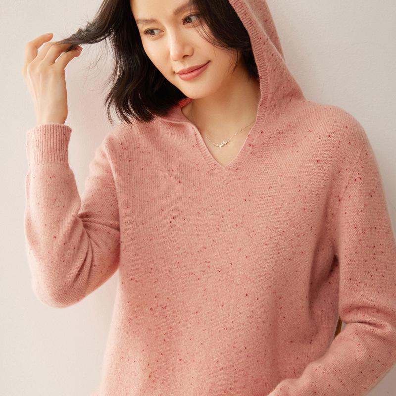 Women's Pure Wool Pointelle Hooded V-Neck Sweatshirt, Casual Loose Knit Sweater