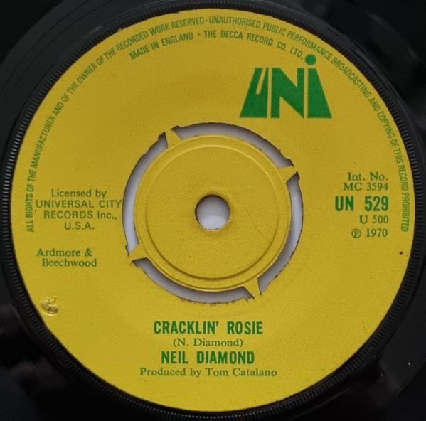 7inch Record NEIL DIAMOND - Cracklin' Rosie UN529 UNI Records 1970 UK Rock Used