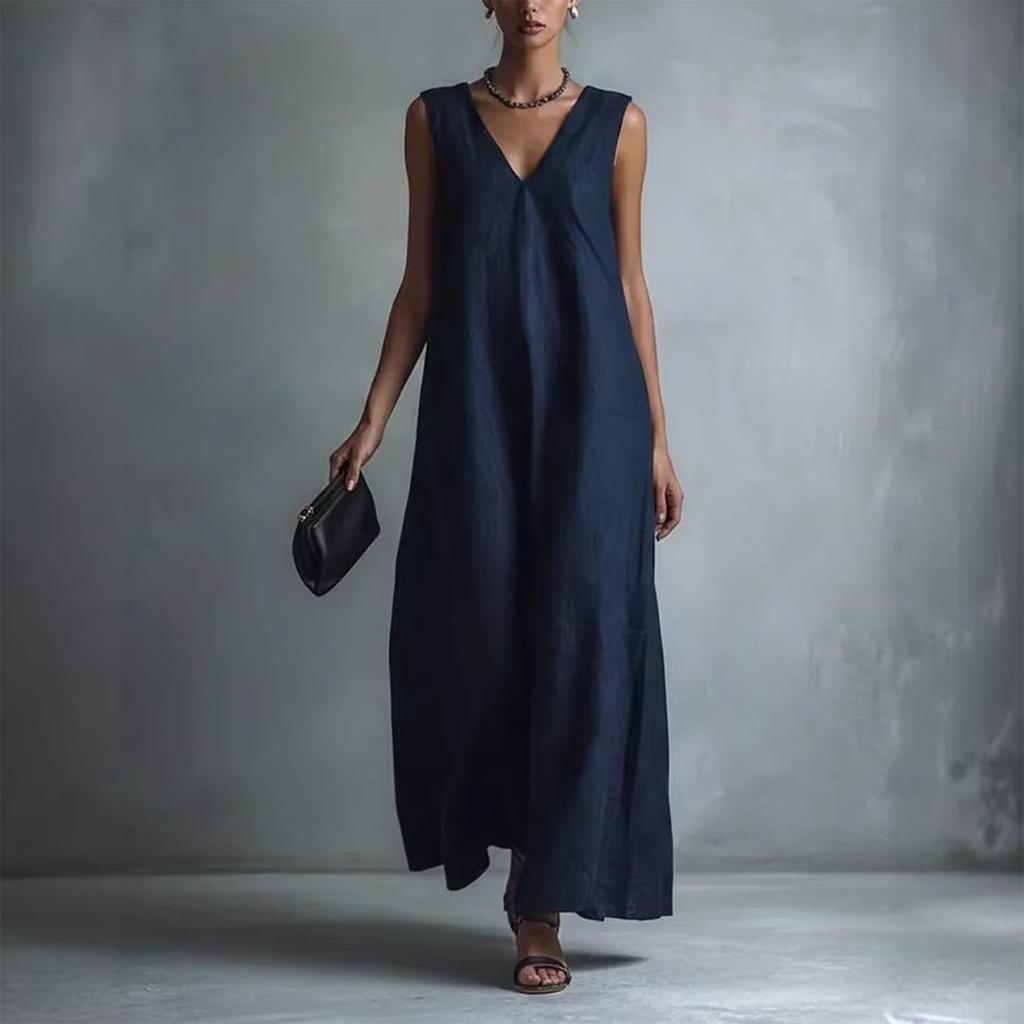 Women Sleeveless V Neck A Line Dress Casual Loose Fit Long Maxi Dress Lightweight Simple Solid Design for Daily Wear