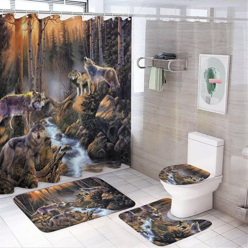 Mystery Wolf Animal Printed Shower Curtain Set With Bath Mat Anti-Slip Toilet Lid Cover Bathroom Set Carpet Home Decoration