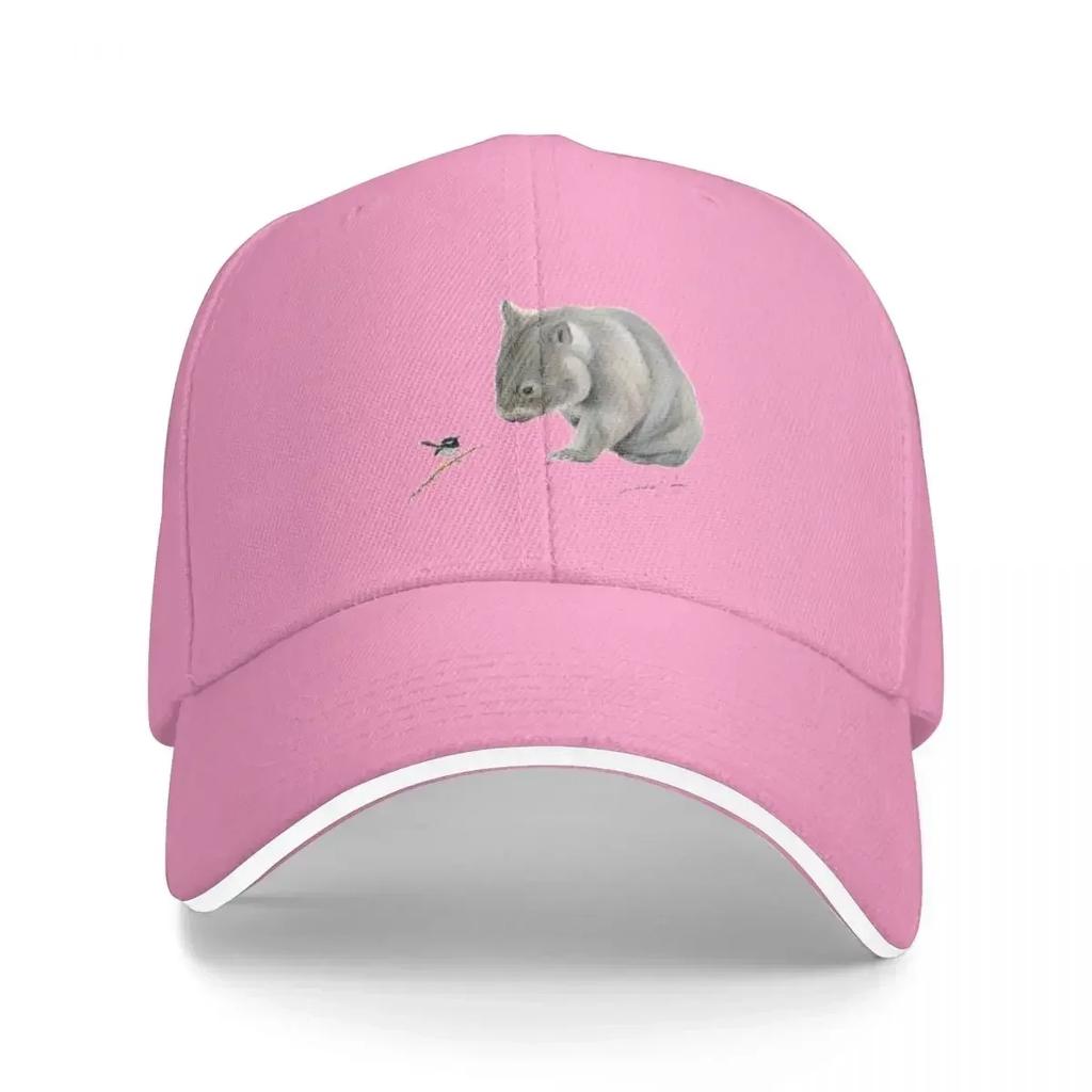 Wombat and Blue Wren Friends with signature Superb blue fairy wren Baseball Cap Trucker Hat Streetwear Unisexs Baseball Womens