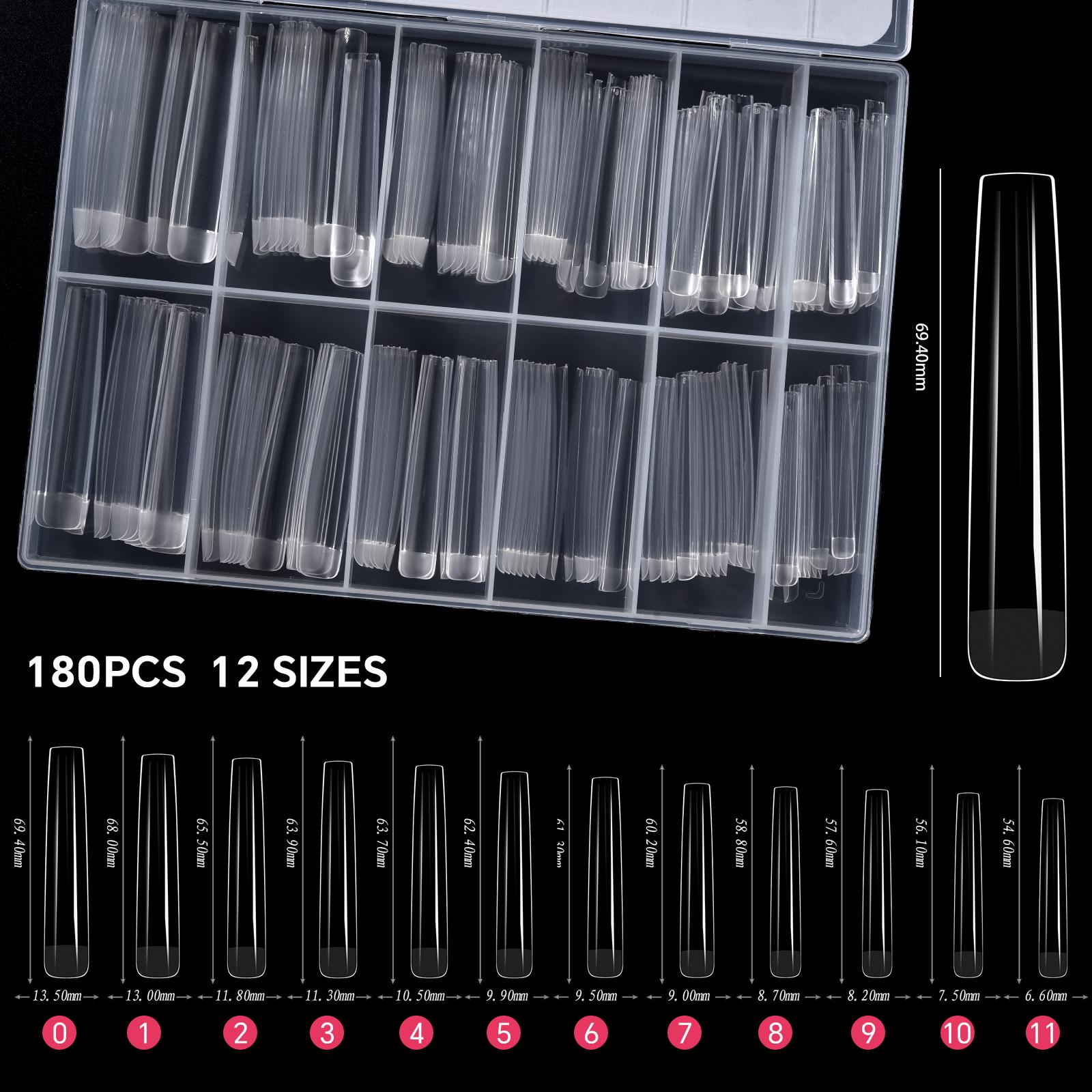 

180 шт./кор. акриловые удлиненные прозрачные накладные ногти, накладные ногти в форме гроба, полное покрытие накладных ногтей, изогнутые прямые ногти в форме буквы C, 12 размеров