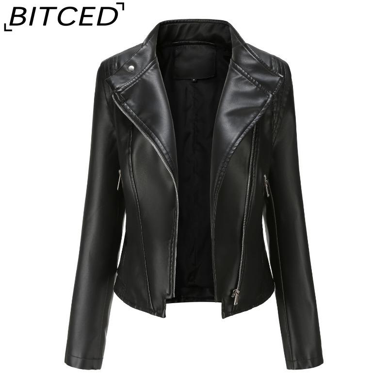 

BITCED PU POLO Neck Women s Slim-Fit Leather Jacket Women s Spring/Autumn Lightweight Long-Sleeved Coat Short-Length Jacket S чёрный