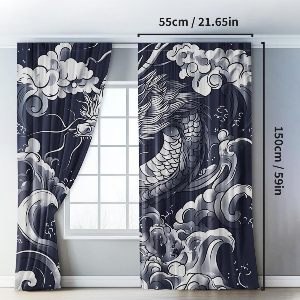2PC Classic Asian Dragon Blackout Curtains – Chinese Dragon & Japanese Wave Design   Polyester for Bedroom