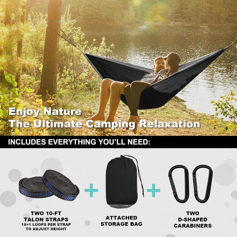 Camping Hammock Double Portable Hammock 210T Nylon with Tree Straps Carabiners Storage Bag for Hiking Beach Outdoor