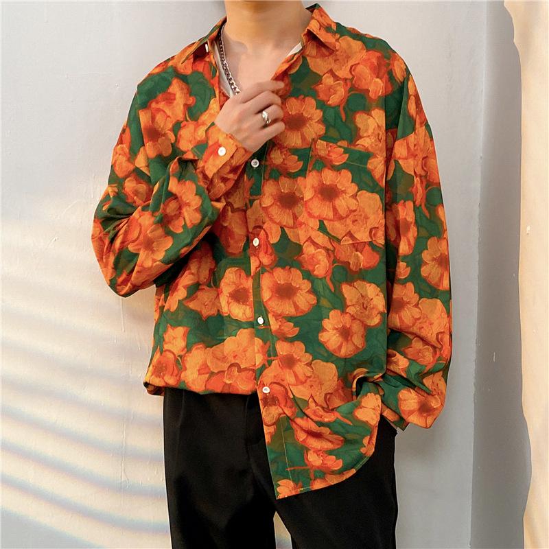 Unisex Thai Vintage Floral Long-Sleeve Shirt, Loose Fit for Street Dance, Spring/Autumn