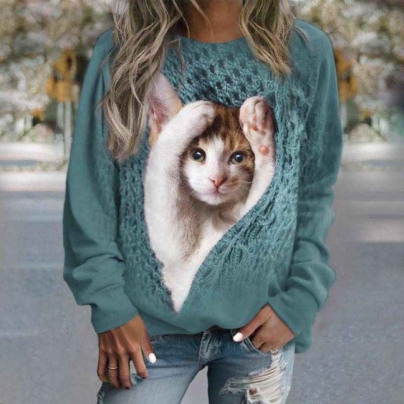 Women's Sweater Pullover T-Shirt Fashion Kitten Print Long Sleeve T Shirt Girls Street Casual Ladies Clothes O-Neck Sweatershirt