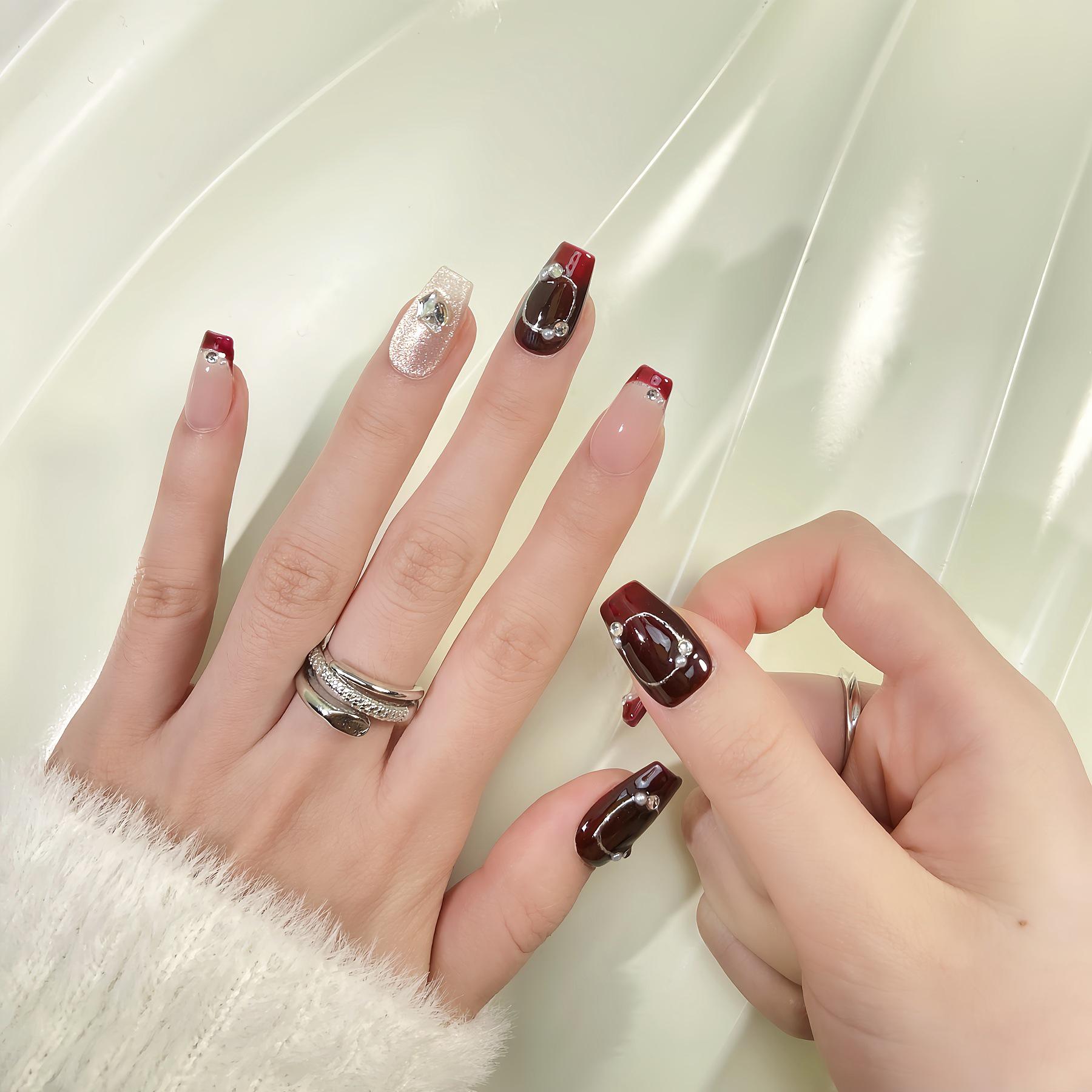 Festive Fairy Wine Red Rhinestone Short Press-On Nails Short Oval 20mm + Nail Application Tool Kit