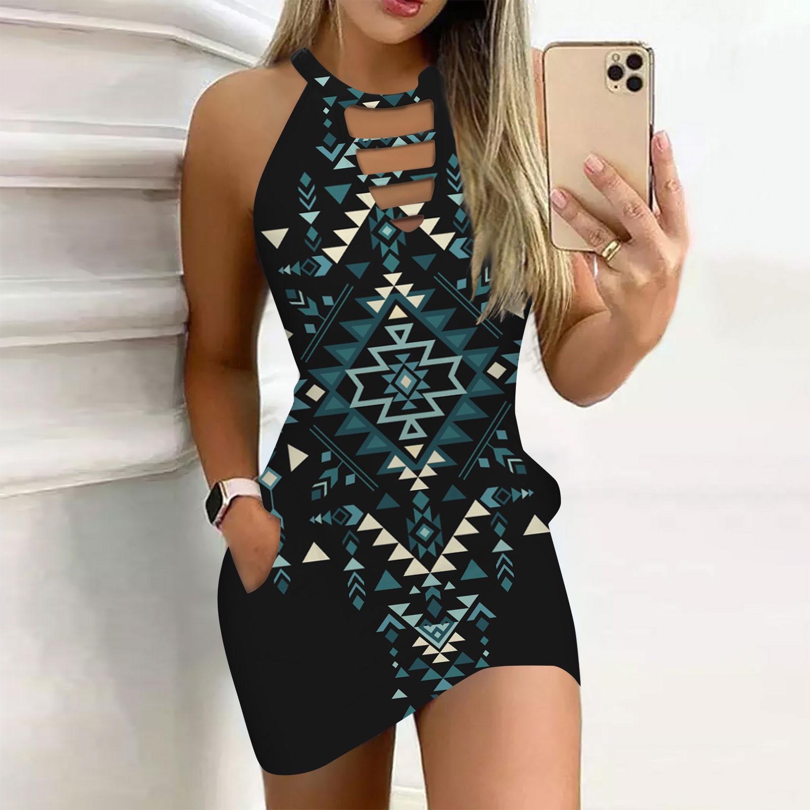 

Летние платья для женщин, облегающее платье, модное платье с принтом и круглым вырезом, карман на бретельках XL синий