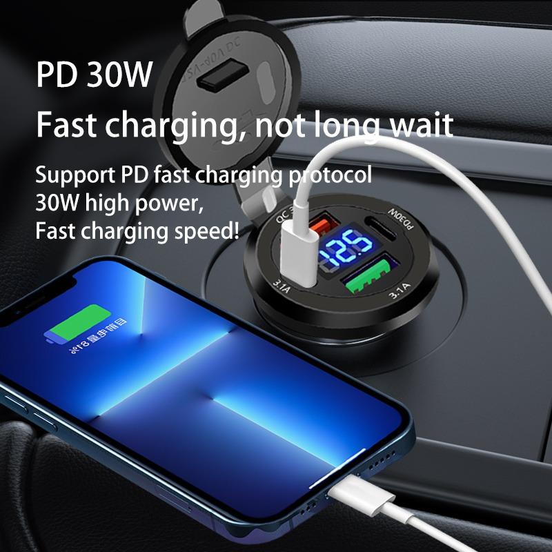 PD+QC3.0 Fast Charging USB Car Charger Socket with Voltmeter, Aluminum Alloy Waterproof Power Outlet