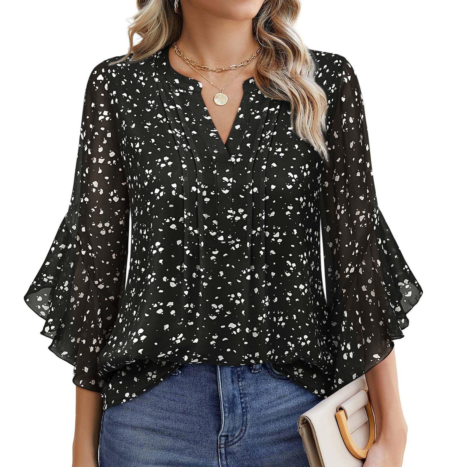 

Блузка с рукавом три четверти в виде листьев лотоса, однотонная, модная, повседневная, свободная, с V-образным вырезом, деловая, шифоновая, женская одежда XL чёрный