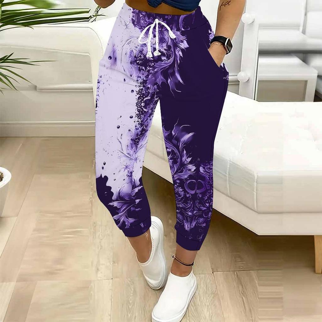 Summer Ladies Geometric Pattern Printed Sweatpants Loose Fit Drawstring Joggers Elastic Cuff Daily Casual Pants