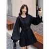 Black Korean Style Lace-up Waist-Cinching Trench Coat for Petite Women - 2025 Autumn Elegant Slim Fit Outerwear