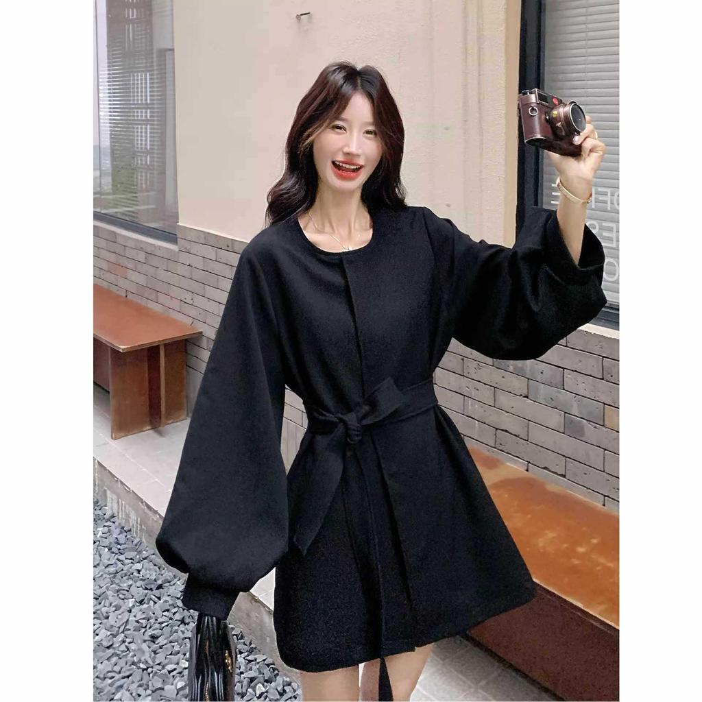 Black Korean Style Lace-up Waist-Cinching Trench Coat for Petite Women - 2025 Autumn Elegant Slim Fit Outerwear