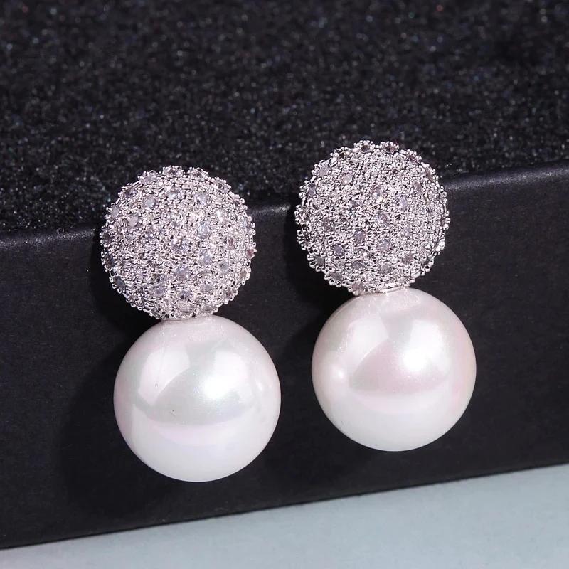 Huitan Temperament Women's Imitation Pearl Earrings with Bling Bling CZ Silver Color Statement Earrings Party Fashion