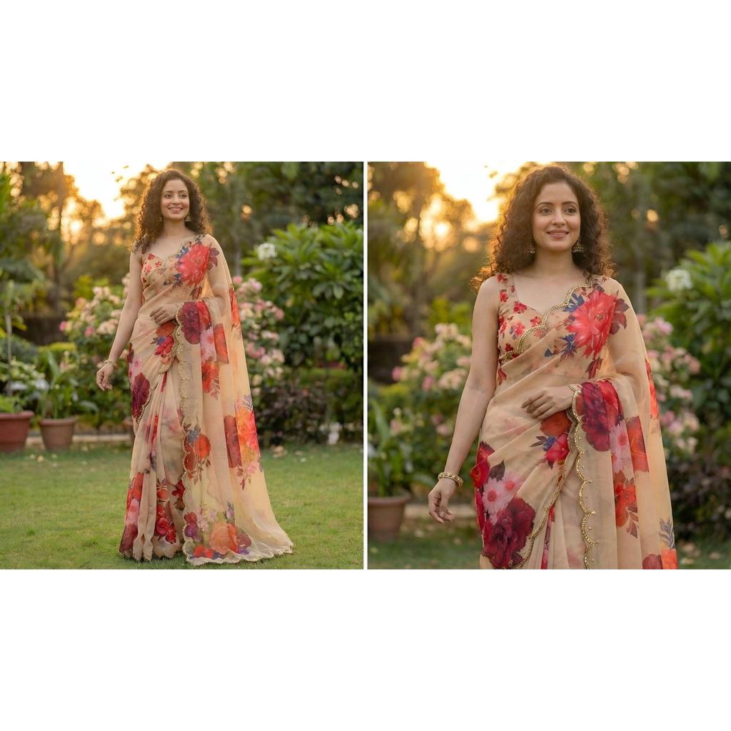 It has all over Digital print with  *handwork (Khatli) work  Digital printed saree.