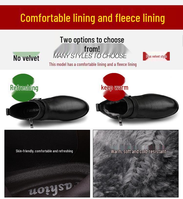 Men's Slip-On High-Top Cowhide Ankle Boots - Plus Size, Velvet-Lined, Warm Casual Leather Boots for Autumn/Winter.