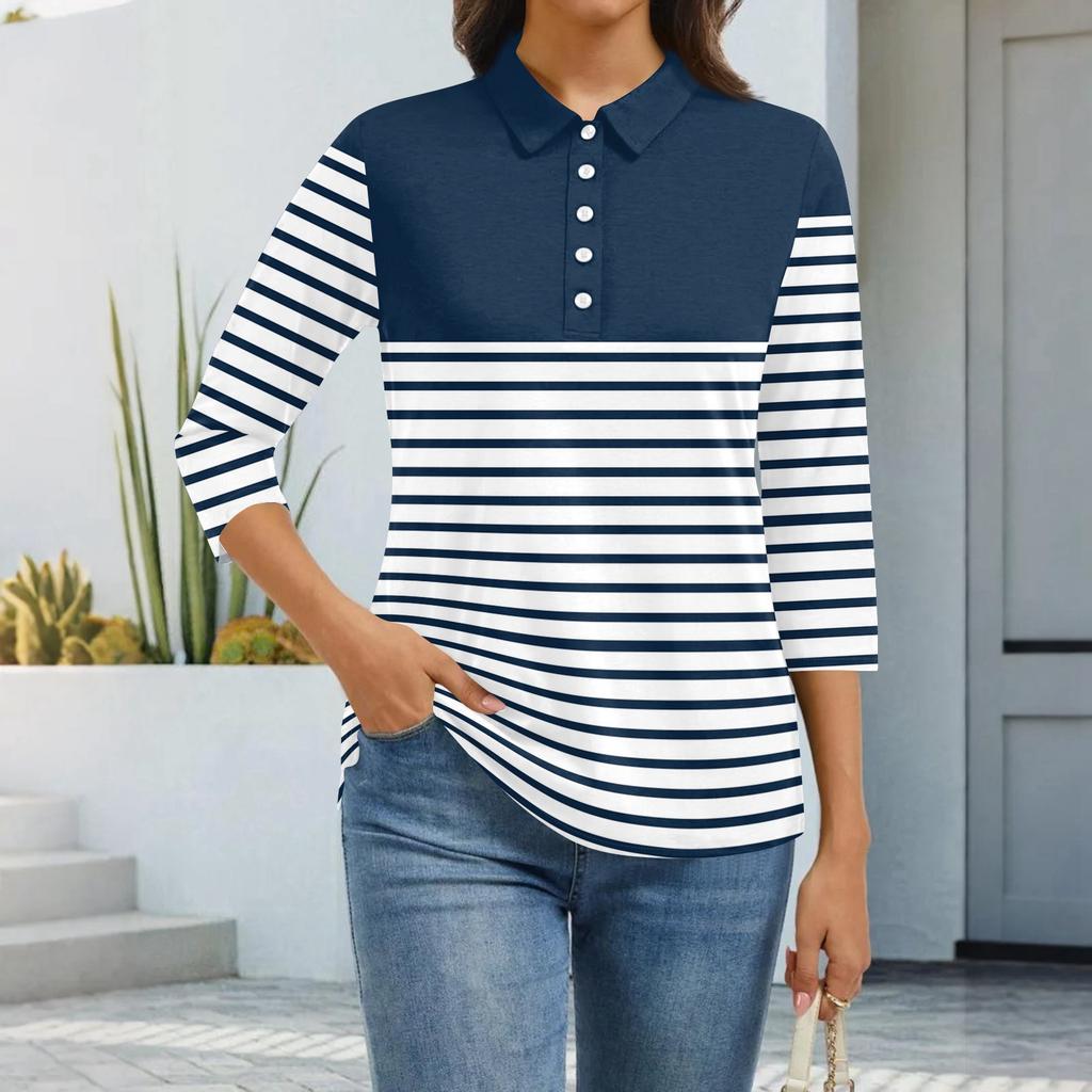 Dámská móda Ležérní klopa Krátký 3/4 rukáv Potisk Košile Dámské zapínací topy