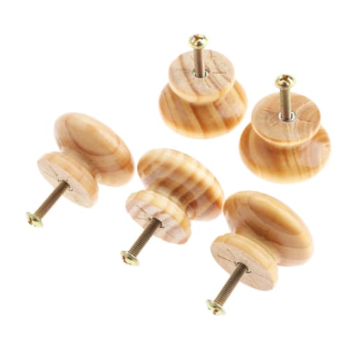 Set of 5 Wooden Handles, Knobs, Natural Wood, for Chests, Drawers, Furniture, Doors, Hardware, Shelves, with Screws, Wood Grain