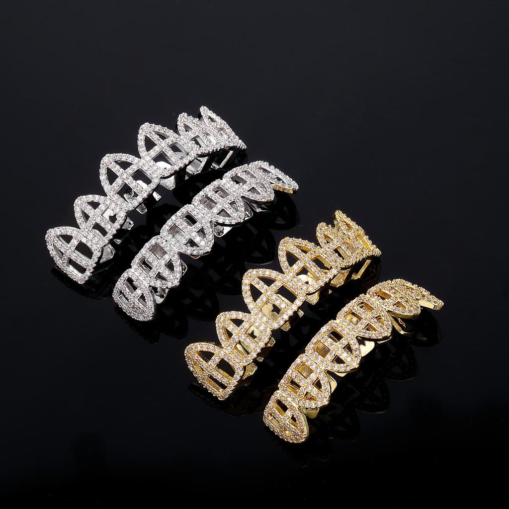 Hot Sale Hip Hop Bezel Setting Unisex Braces Gold Plated Hollow Cross Teeth Hollowed Decoration