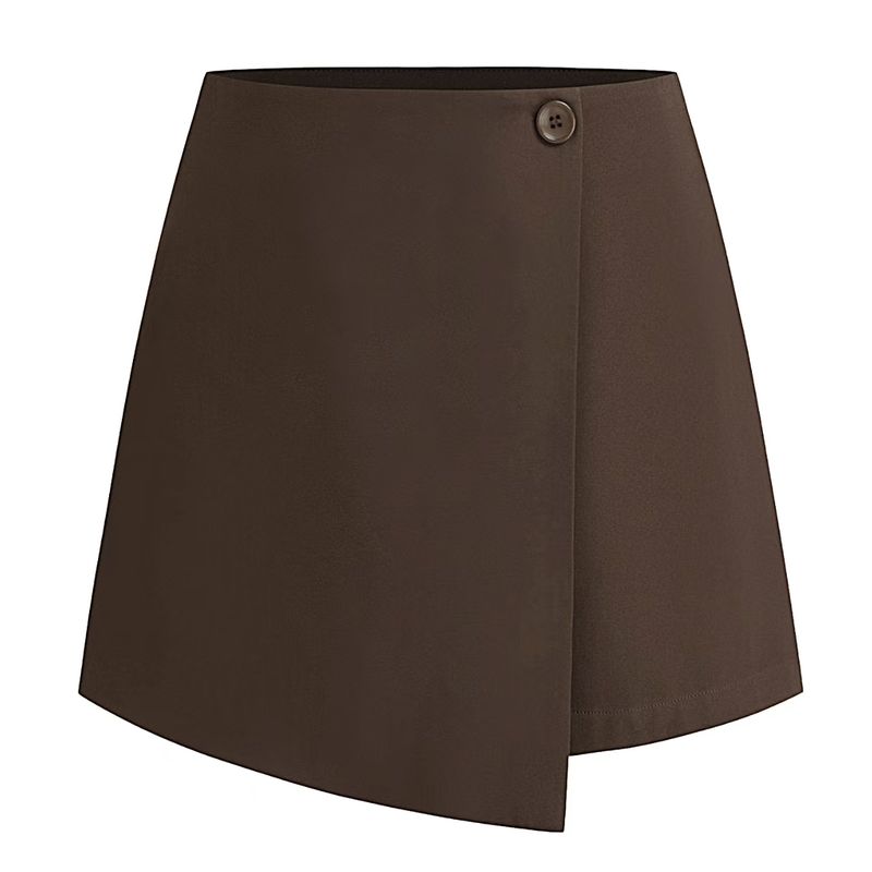 

European and American Irregular Elastic High Waist Button Skirt High Waisted Short Skirt Pants CHECOLATE M