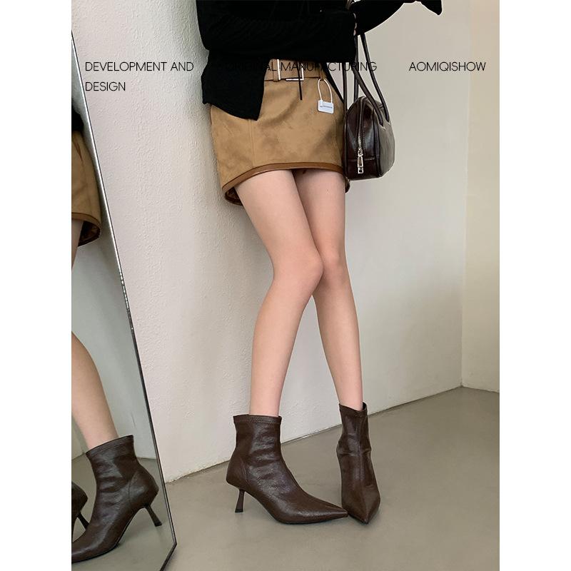 French temperament pointed head thin heel high heel short boots women's spring and autumn high sense fashion fashion power thin boots