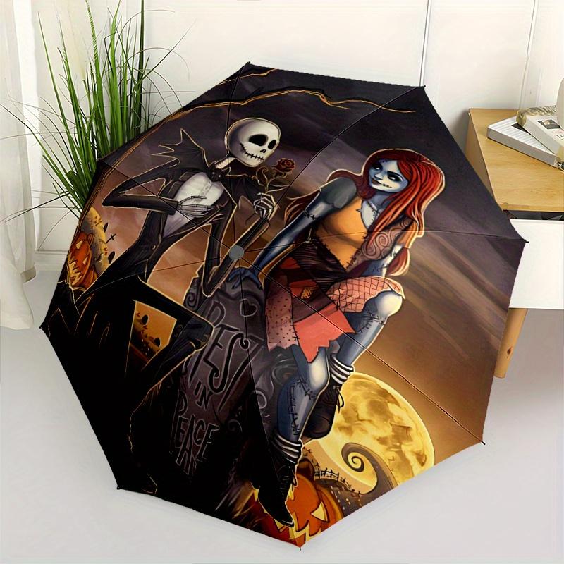 Halloween Jack Skellington and Sally Automatic Folding Cartoon Umbrella - 3 Folding Design, Vivid Cartoon Pattern, Suitable for Outdoor Acti