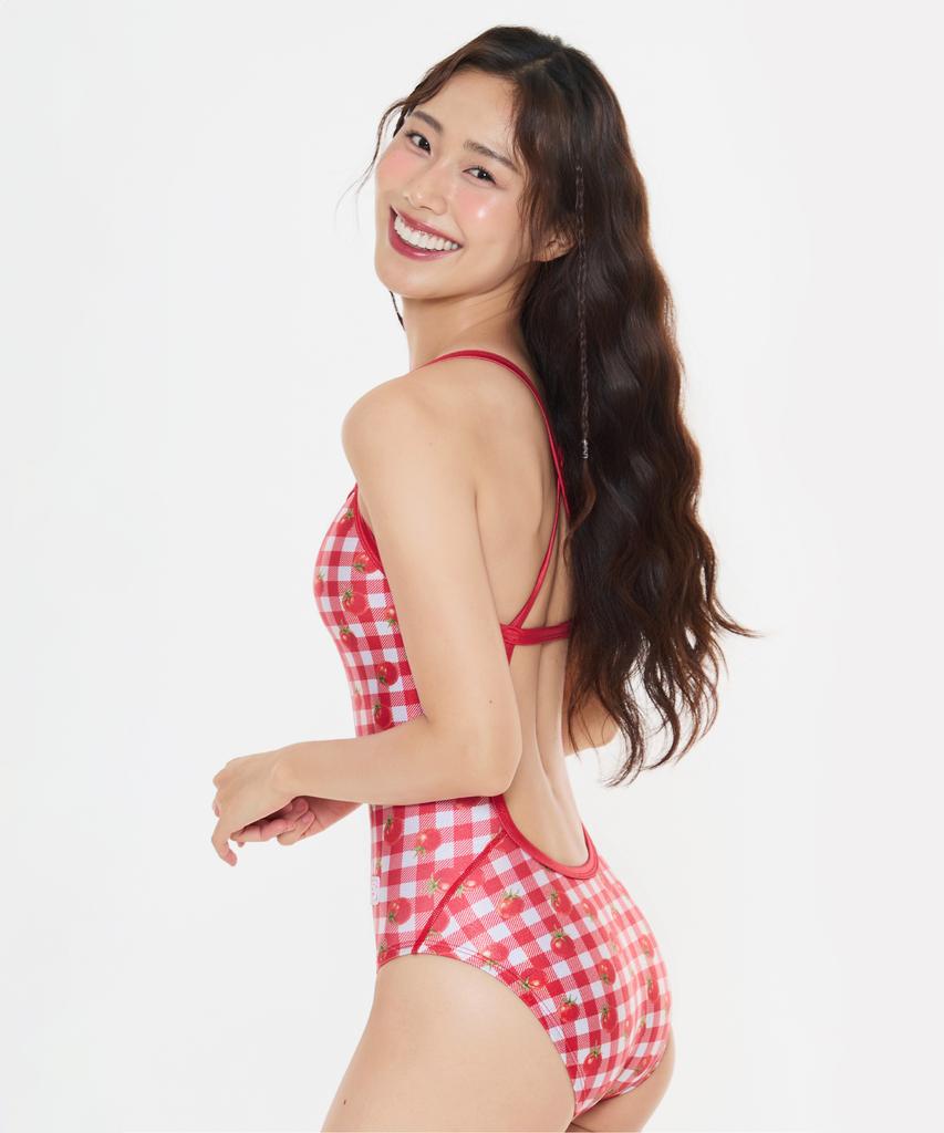 Sseombeli [Ver.02 Single Layer Anti-See-Through Foil] Shiny Cherry Tomato One-Piece Swimsuit (Red / Foil X-Back)