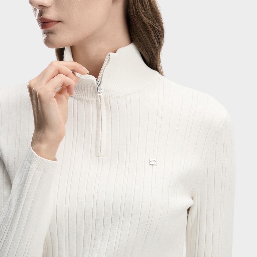 FILA White Classic Fashion Simple Elegant Casual Comfortable Versatile Slim Fit Half-Zip Stand Collar Knit Sweater Women sweater F11W613401FIV