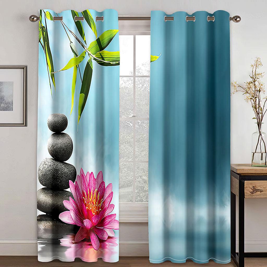 Zen Stone Water Reflection Flower Grey Elegant Window Curtains for Living Room Bedroom Kitchen Window Treatment Home Decor Drape