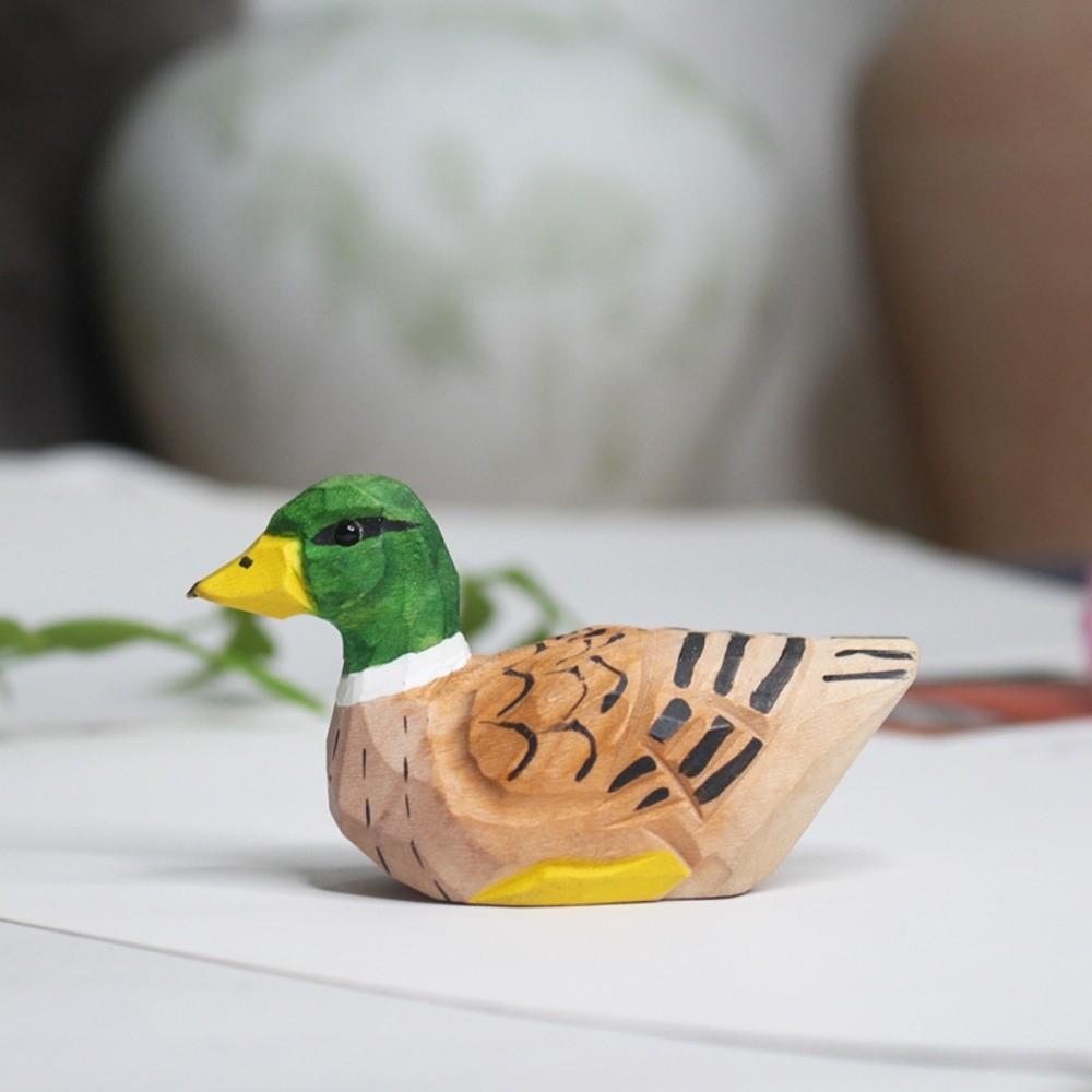 Handmade Green-headed Duck Statue Mini Desktop Ornament Wooden Duck Figure  Tabletop Display