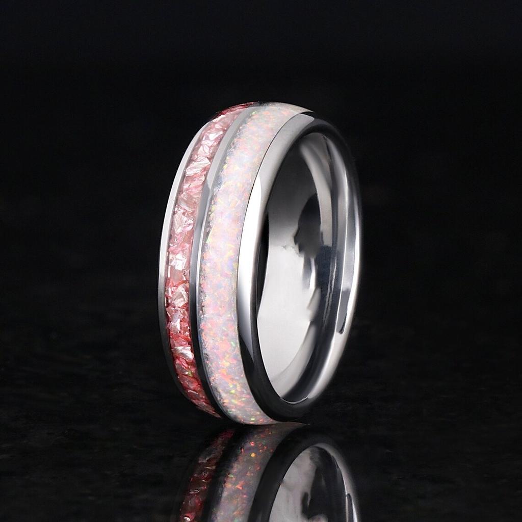 8Mm Stainless Steel Ring Couple Pink White Shiny Ring Ring Hand Jewelry