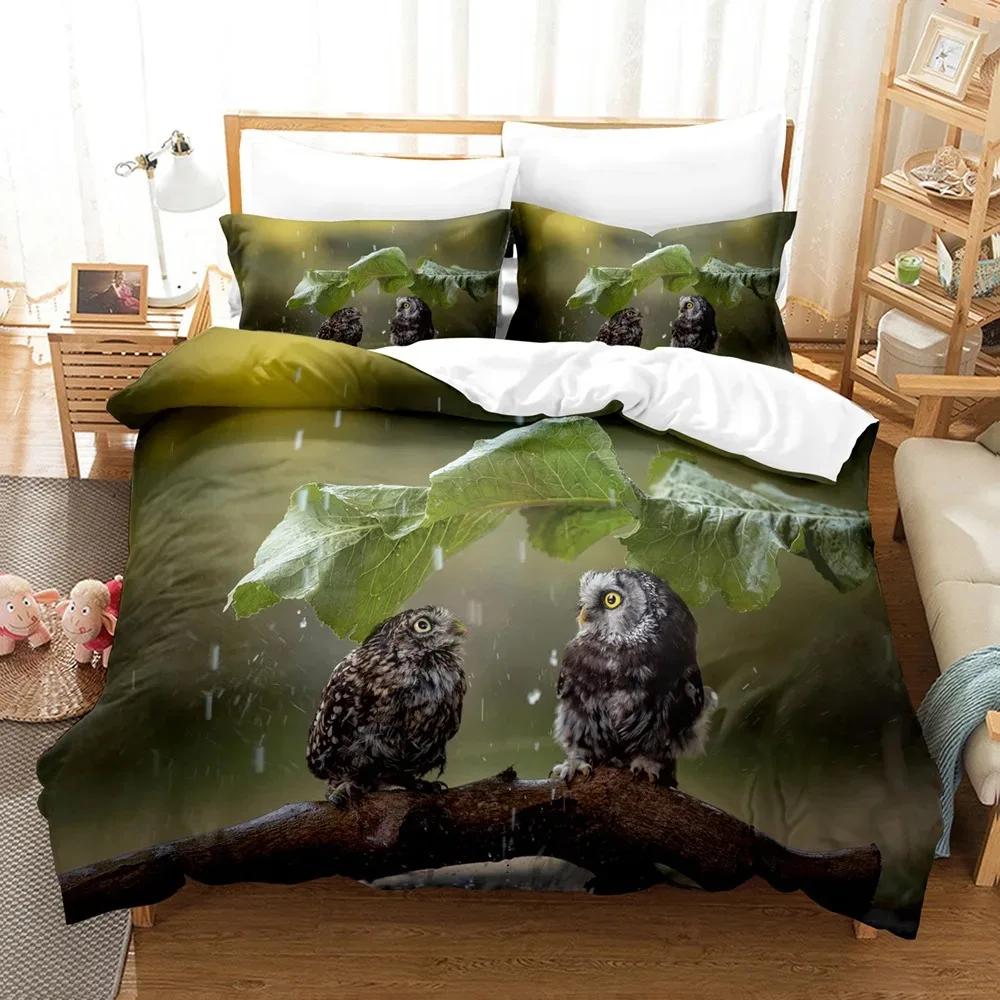 Owl Duvet Cover Set King/Queen Size,lovely Baby Owl Quilt Cover On A Tree,cute Wild Animal Polyester Bedding Set for Boys Teens