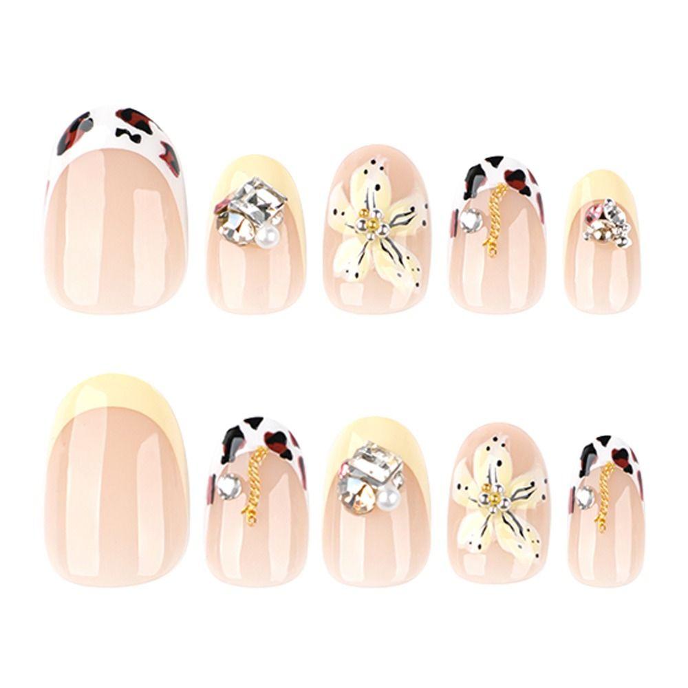 24pcs Manicure Oval False Nails 3D Flower Detachable Press On Nails French Fake Nails DIY