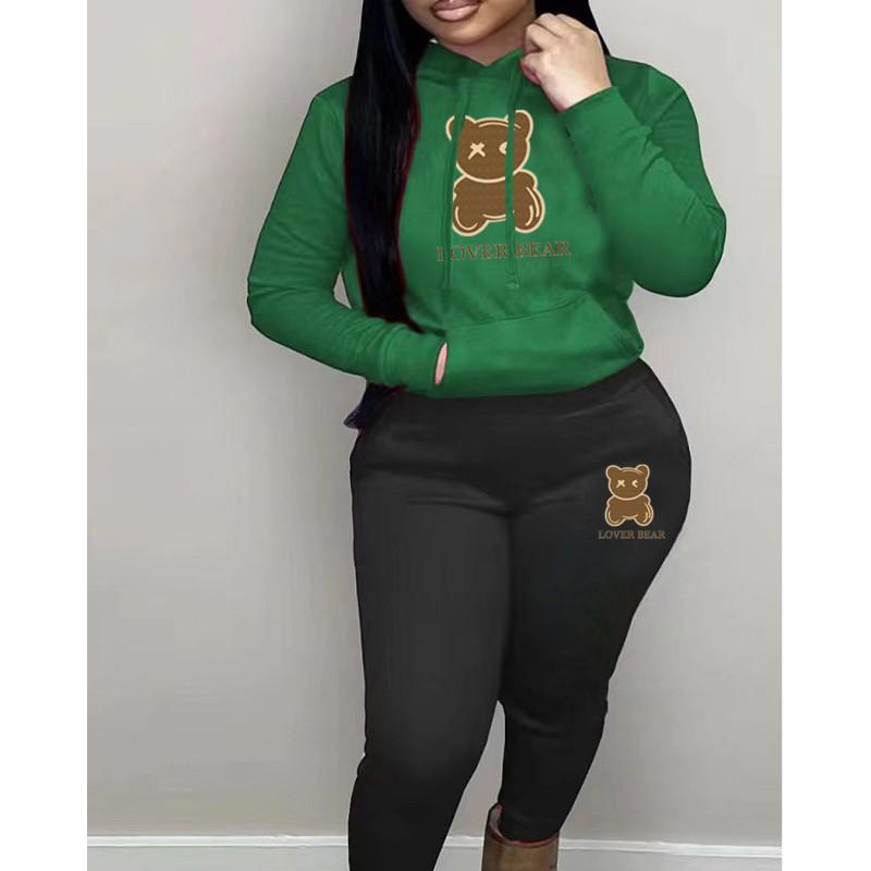 Womens Comfortable Hooded Sweatshirt Jogger Pants Set With Bear Print Color-Block Design Streetwear