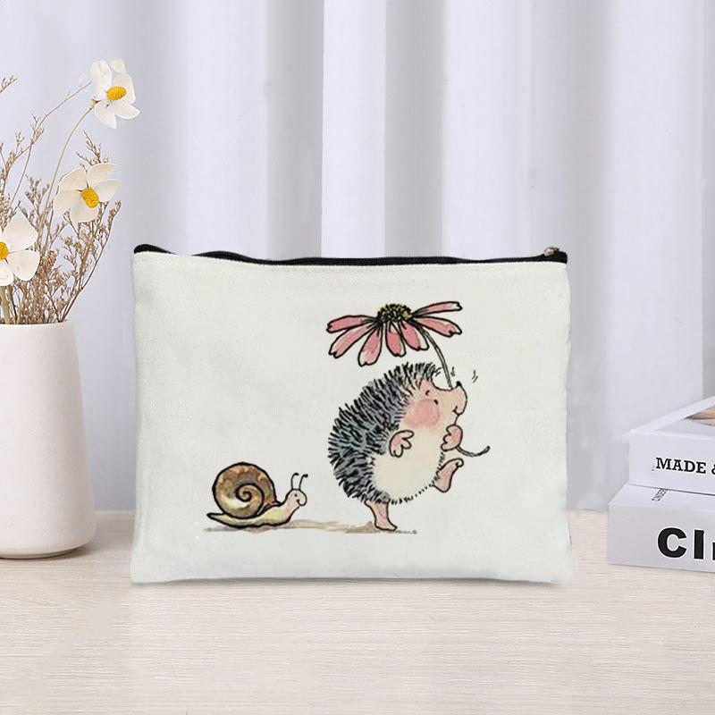 Cartoon Hedgehog Print Zipper Canvas Bag Organizer Skin Care Products Sundries Storage Cosmetic Bags Cute Stationery Pencil Case