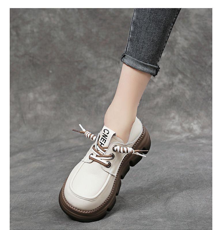 Women's Genuine Soft Leather Loafers, British Style 2025 - Spring/Autumn, Thick Sole, Lace-up, Versatile, Comfortable Shoes