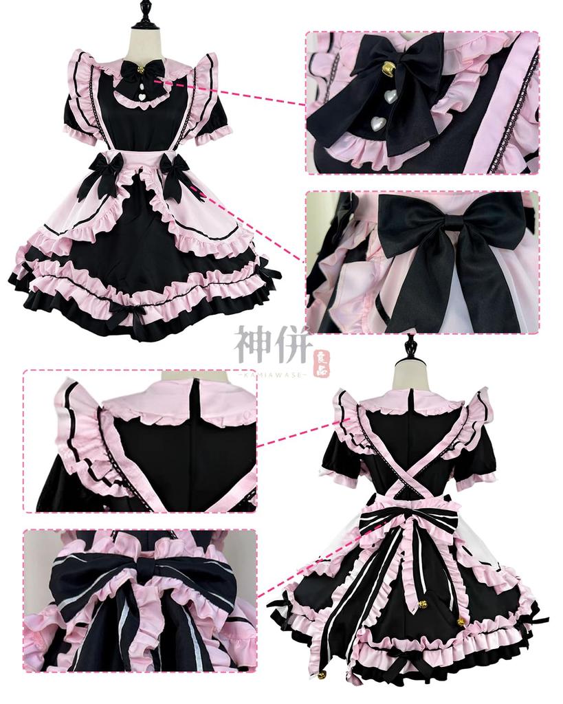 Plus Size Maid Gothic Lolita Waitress Cosplay Ruffled Lolita Outfit with Ear Neat and Short Black and Pink [God-Quality Product] Outfit, Costume,