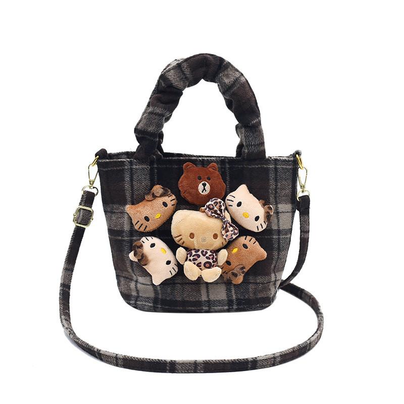 Ielgy Fashion Cute Doll Handbag Autumn Winter Woolen Check Bucket Bag Large Capacity Crossbody Bag