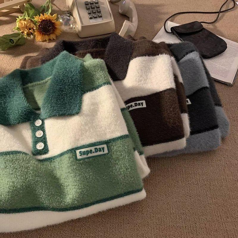 Herren Streifenpullover mit Polokragen – Trendiger Herbst/Winter Japanischer College-Stil, Dicke & Warme Strickjacke