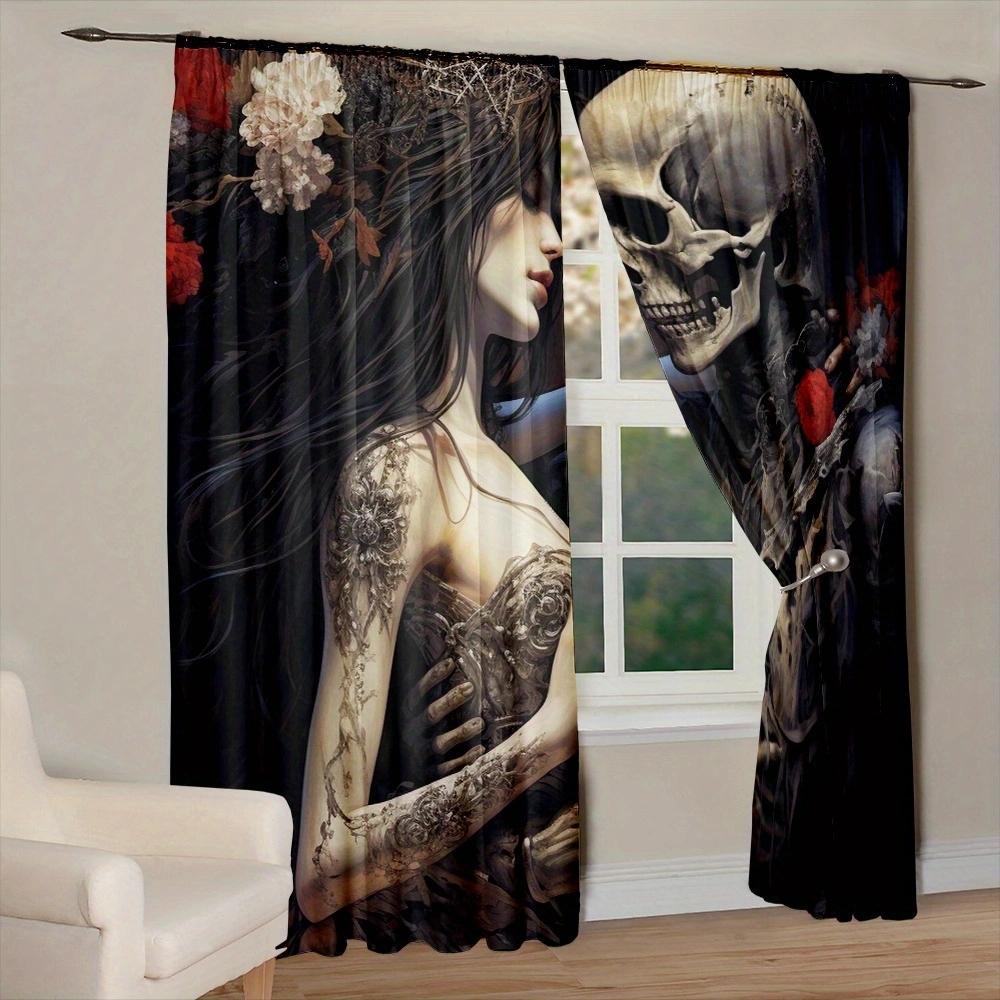 Couple Skeleton Art Printed Curtain for Home Decor - Rod Pocket Window Treatment for Bedroom, Kitchen, Living Room